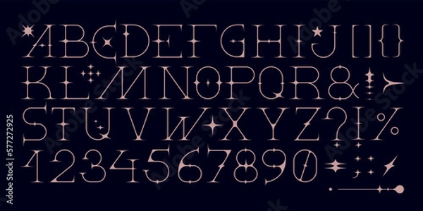 Fototapeta This vector image showcases a Y2K-inspired alphabet design using thin lines and star elements. The result is a clean, modern aesthetic that's perfect for digital designs and contemporary projects.