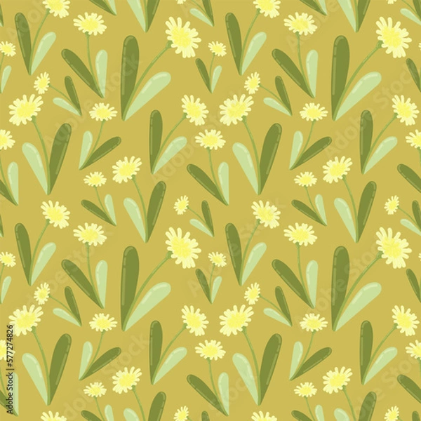 Fototapeta Vector seamless pattern with primroses and spring flowers dandelion. The work is done in delicate pastel colors, suitable for any of your designs and decorations. For textile, fabric, wallpaper, cards