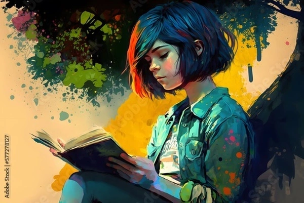 Fototapeta girl reading book created using AI Generative Technology