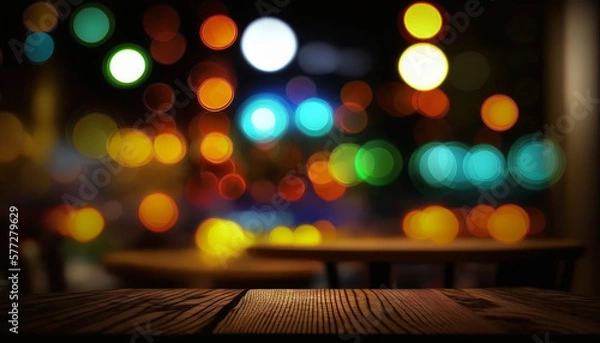 Fototapeta Closeup wooden table with dark night view interior background, blurred bokeh background. Neon light.