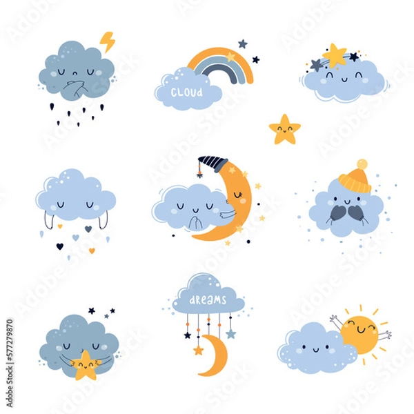Obraz Cute Soft Blue Cloud with Smiling Face as Weather Character Vector Set