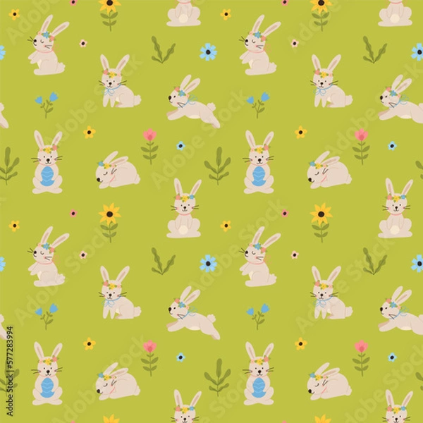 Fototapeta Vector color hand-drawn children cute easter seamless pattern with hens, bunny, easter eggs, flowers in scandinavian style. Easter colorful set. Doodle cartoon spring background. Happy easter.