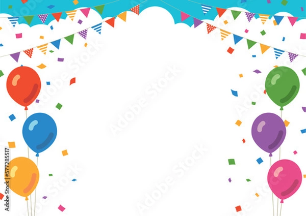 Fototapeta 青空を背景にした、ガーランドと紙吹雪と風船のフレーム素材