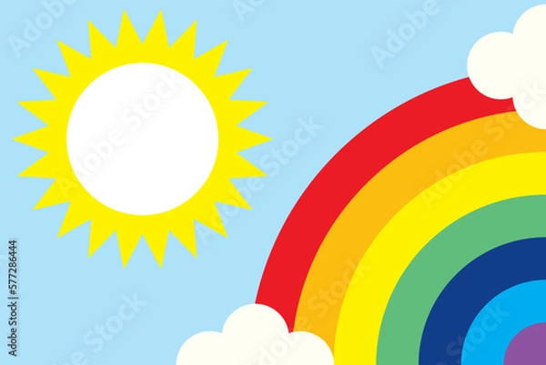 Fototapeta The rainbow and the sun show against the blue sky. abstract pattern colorful cartoon graphics Sun shines, clouds, rainbow, 7 colors.