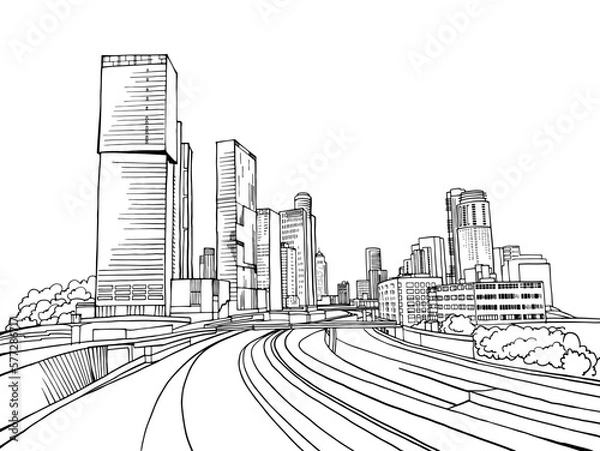 Fototapeta Urban landscape. Nice view on the modern Tel Aviv. Israel. Black and white sketch. Hand drawing vector illustration on white.