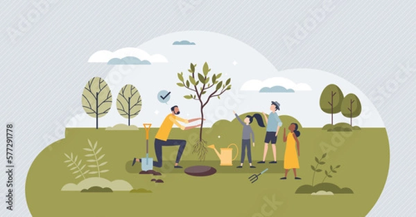 Fototapeta Volunteers teaching green and environmental practices tiny person concept. Learning sustainable and nature friendly lifestyle from teacher that is planting trees vector illustration. Kids activity.