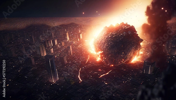 Fototapeta Catastrophic Impact - Asteroid Devastates City