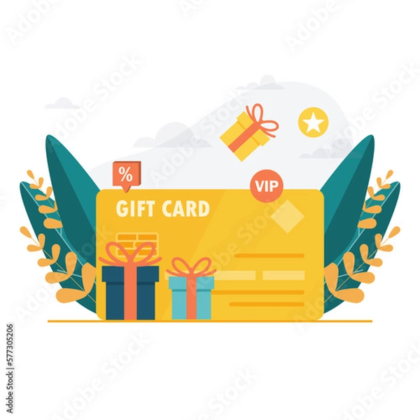 Obraz Gift card, loyalty program, earn points, redeem present box, more discount, perks concept, vector flat icon
