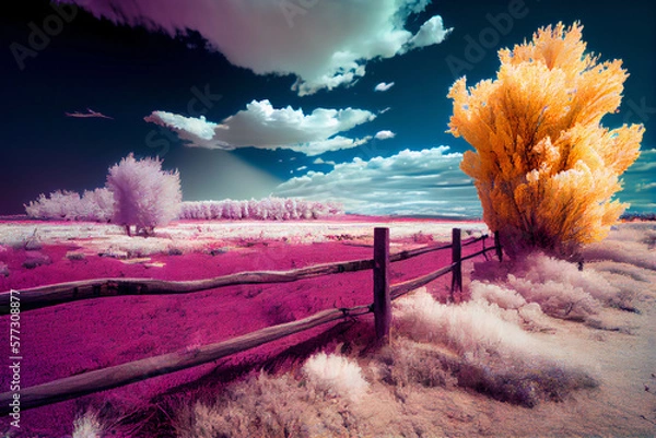 Fototapeta Colorful spring natural landscape of a flowering meadow of flowers and trees in the infrared spectrum