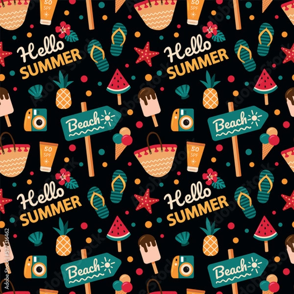 Fototapeta  Vector seamless pattern with beach features. Summer pattern with a beach bag, sunscreen, slates, ice cream, watermelon and pineapple