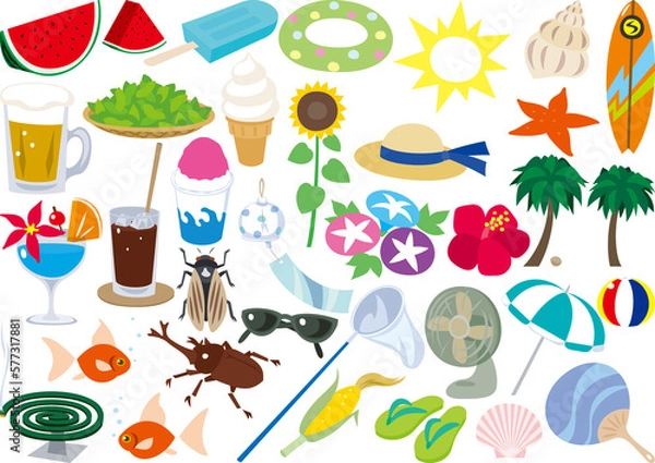 Fototapeta 夏のアイテム　シンプルでフラットなイラストのセット