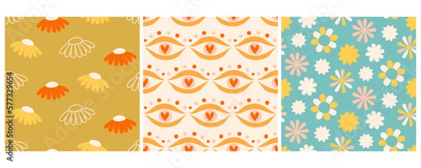 Fototapeta Groovy Summer Flowers Seamless Pattern Set