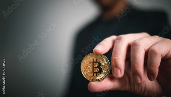 Fototapeta gold bitcoin is holding by businessman, represented cryptocurrency investment on internet for store of wealth or speculation for more income and wealth of investor