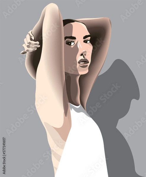 Obraz vector illustration of a beautiful fashion style woman with dark eyes and hair in white dress with arms up isolated on the grey background.