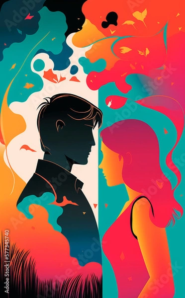 Obraz Silhouette couple face each other across a divide surrounded by bright colours, vector style art. Generative AI