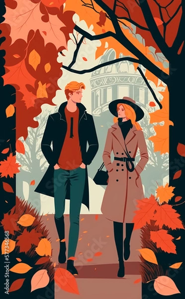 Obraz Young couple take a romantic autumn walk in the city, vector style art. Generative AI