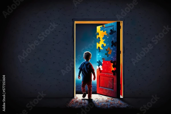 Fototapeta World Autism Awareness Day. A little boy stands in front of an open door to another world. The concept of child autism. Generative AI