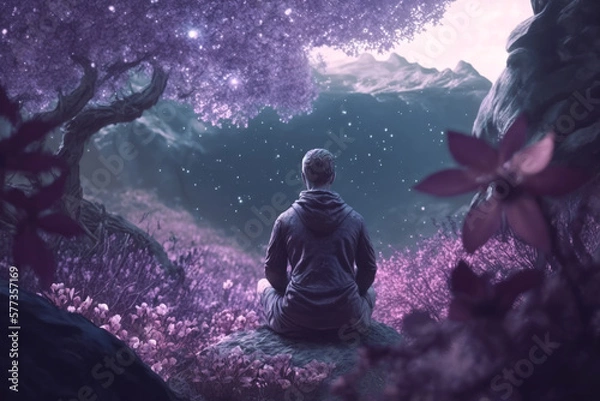 Fototapeta Meditation: Meditating monk in a calm atmosphere with a beautiful landscape | Generative AI Production