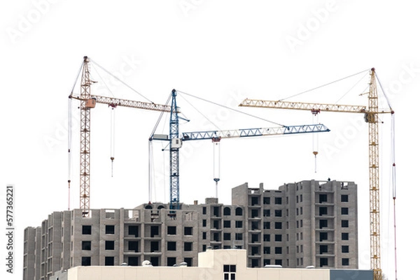 Fototapeta Construction of multi-storey buildings with tower cranes on a white isolated background.