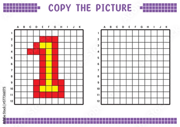Fototapeta Copy the picture, complete the grid image. Educational worksheets drawing with squares, coloring cell areas. Preschool activities, children's games. Cartoon vector illustration, pixel art. Number 1.