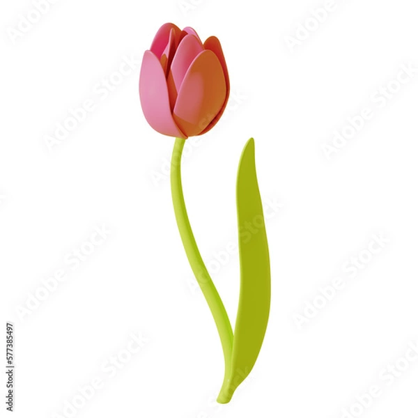 Fototapeta Pink tulip with green leaf isolated on white background. 3d rendering