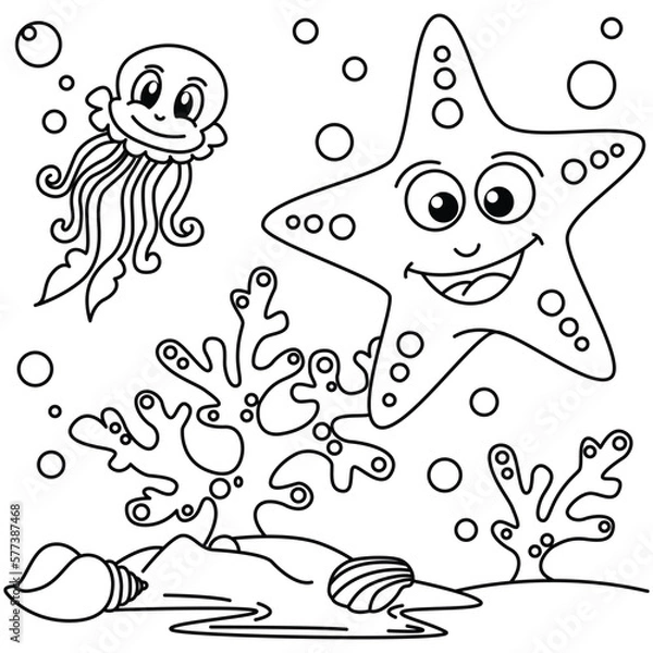 Fototapeta Funny star fish cartoon characters vector illustration. For kids coloring book.