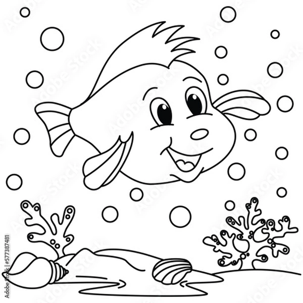 Fototapeta Funny fish cartoon characters vector illustration. For kids coloring book.