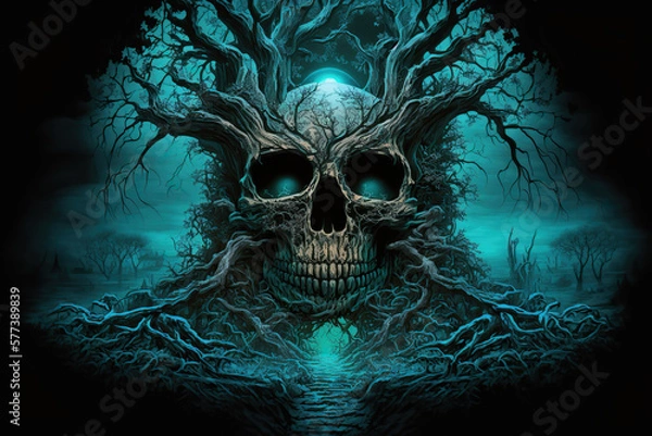 Fototapeta scary skull tree in a blue landscape, Generative AI