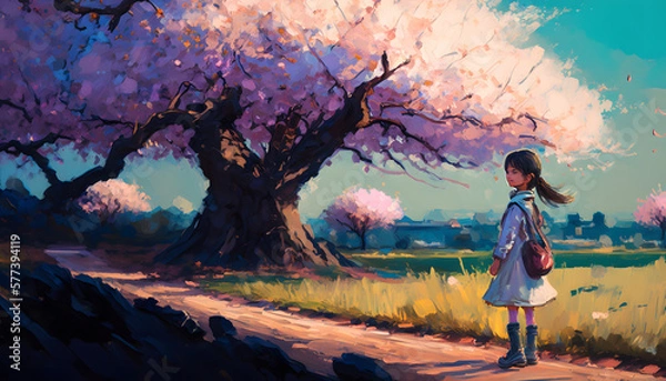 Fototapeta Girl by the sakura tree, oil paint. Generative AI
