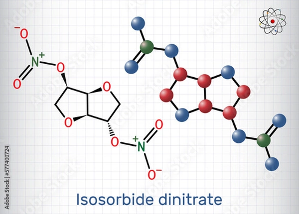 Fototapeta Isosorbide dinitrate, ISDN molecule. It is vasodilator used to treat angina in coronary artery disease. Structural chemical formula, molecule model. Sheet of paper in a cage