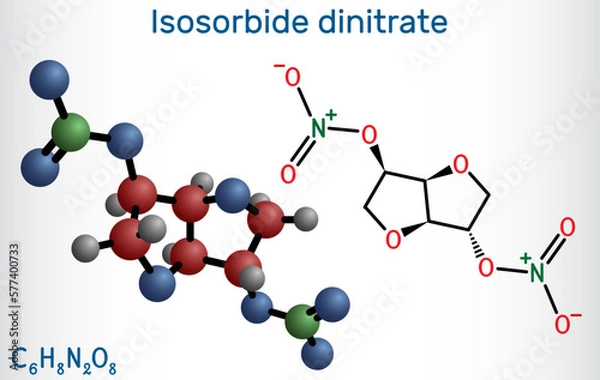 Fototapeta Isosorbide dinitrate, ISDN molecule. It is vasodilator used to treat angina in coronary artery disease. Structural chemical formula and molecule model