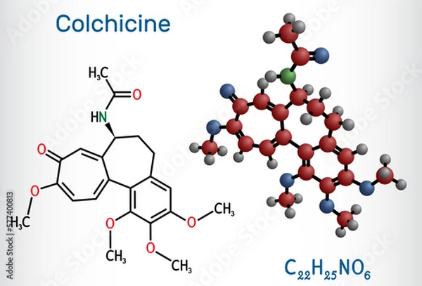 Fototapeta Colchicine molecule. It is alkaloid with anti-gout and anti-inflammatory activities, used in the symptomatic relief of pain. Structural chemical formula, molecule model.