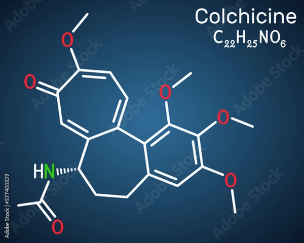 Fototapeta Colchicine molecule. It is alkaloid with anti-gout and anti-inflammatory activities, used in the symptomatic relief of pain. Structural chemical formula on the dark blue background.