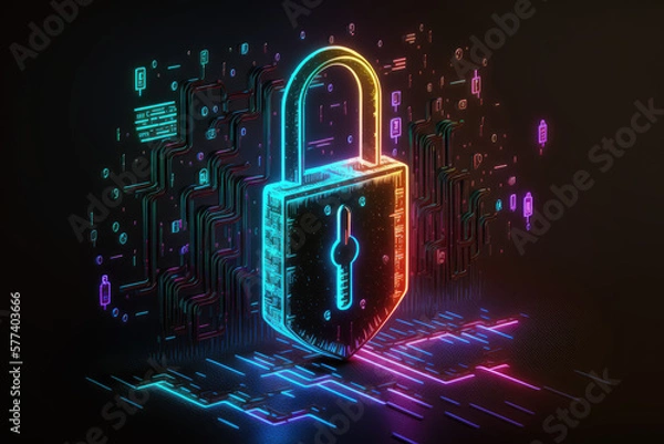 Fototapeta 3d render of neon digital data network lock and security shield illustration made by generative ai