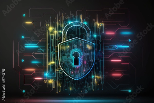 Fototapeta 3d render of neon digital data network lock and security shield illustration made by generative ai