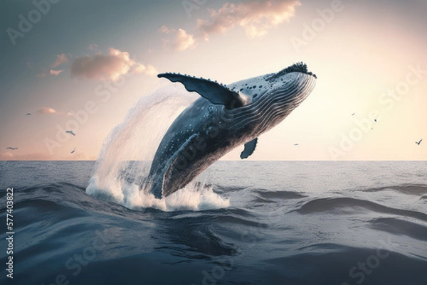 Fototapeta whale jumping out of ocean water made by generative ai