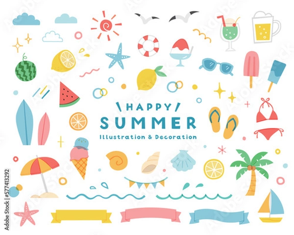 Fototapeta 夏・海のシンプルなイラストセット　飾り　装飾　ビーチ　夏休み　リボン　旅行　南国　海水浴　8月　真夏