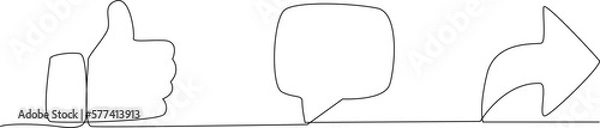 Fototapeta Single one line drawing notification icons of like, message and comment. Social media concept. Continuous line draw design graphic vector illustration.
