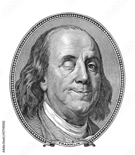 Fototapeta Benjamin Franklin blinking and smiling at you isolated on white