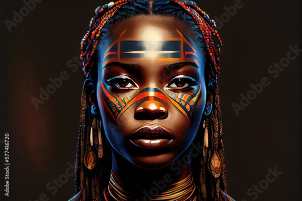 Fototapeta Generative AI illustration of a portrait of an African woman from an indigenous tribe with a painted face and long hair in African braids