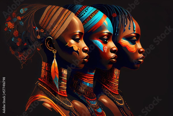 Fototapeta Generative AI illustration of a group of African women from an indigenous tribe on a black background
