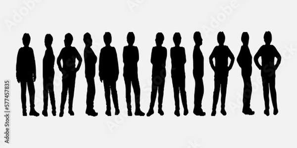Fototapeta Vector silhouettes of men and a women, a group of standing and walking business people, black color isolated on white background.