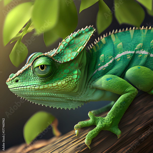 Obraz green chameleon on a branch - AI