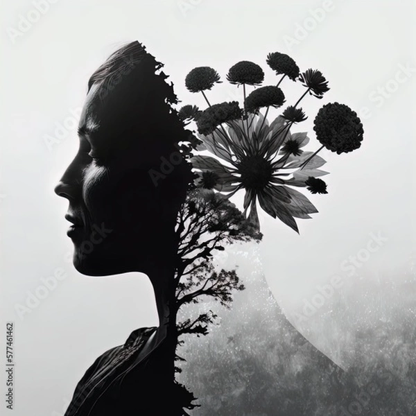 Obraz Surreal double exposure image of woman and flowers. Great for ads, book covers, posters and more.	