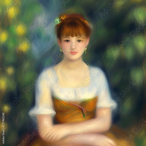 Fototapeta Portrait of a woman in impressionist style, fantasy, no real model ai Generated, generative AI, CGI graphics