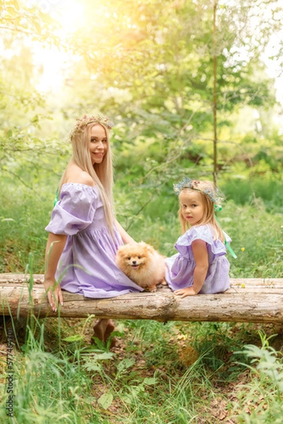 Obraz 
mother and daughter in short lilac dresses are sitting on a bridge in a summer forest. Between them sits a small dog. The girls have wreaths of flowers on their heads