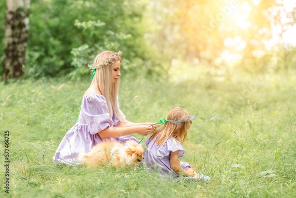 Obraz 
Mom and daughter, dressed in lilac dresses and wreaths of flowers, sit on the green grass in the summer forest. Mom braids her daughter's hair. A small dog runs next to them.