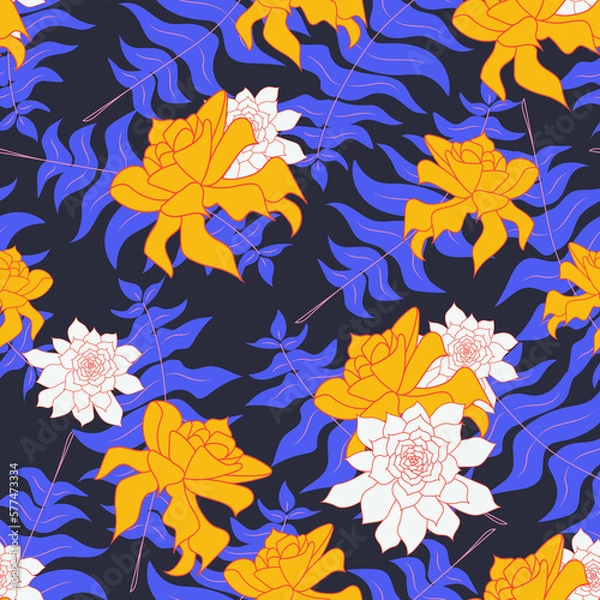 Obraz Blue and Yellow Flowers Seamless Pattern