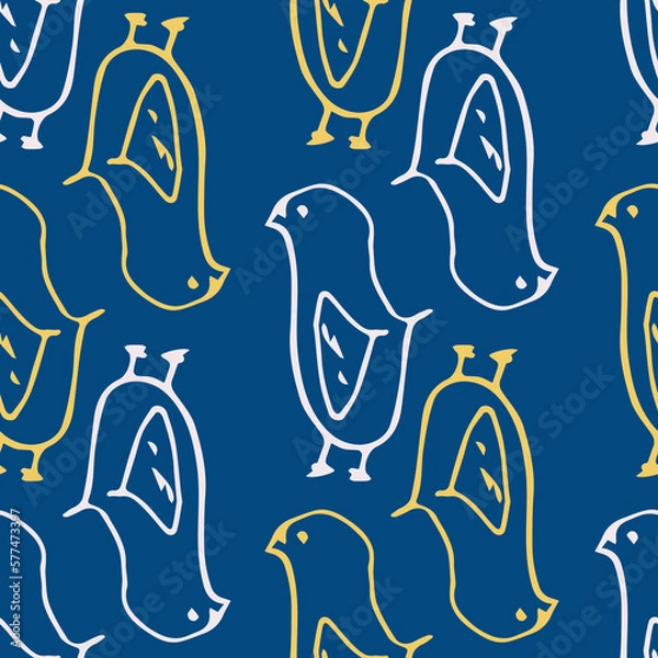 Obraz Blue Cartoon Birds Brushstroke Seamless Pattern