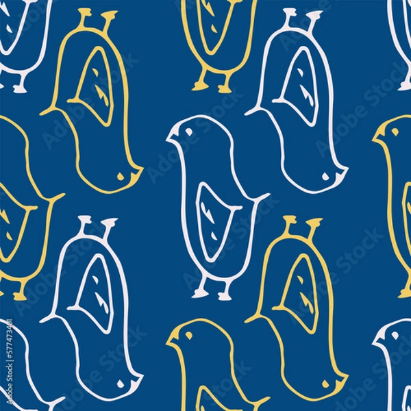 Obraz Blue Cartoon Birds Brushstroke Seamless Pattern